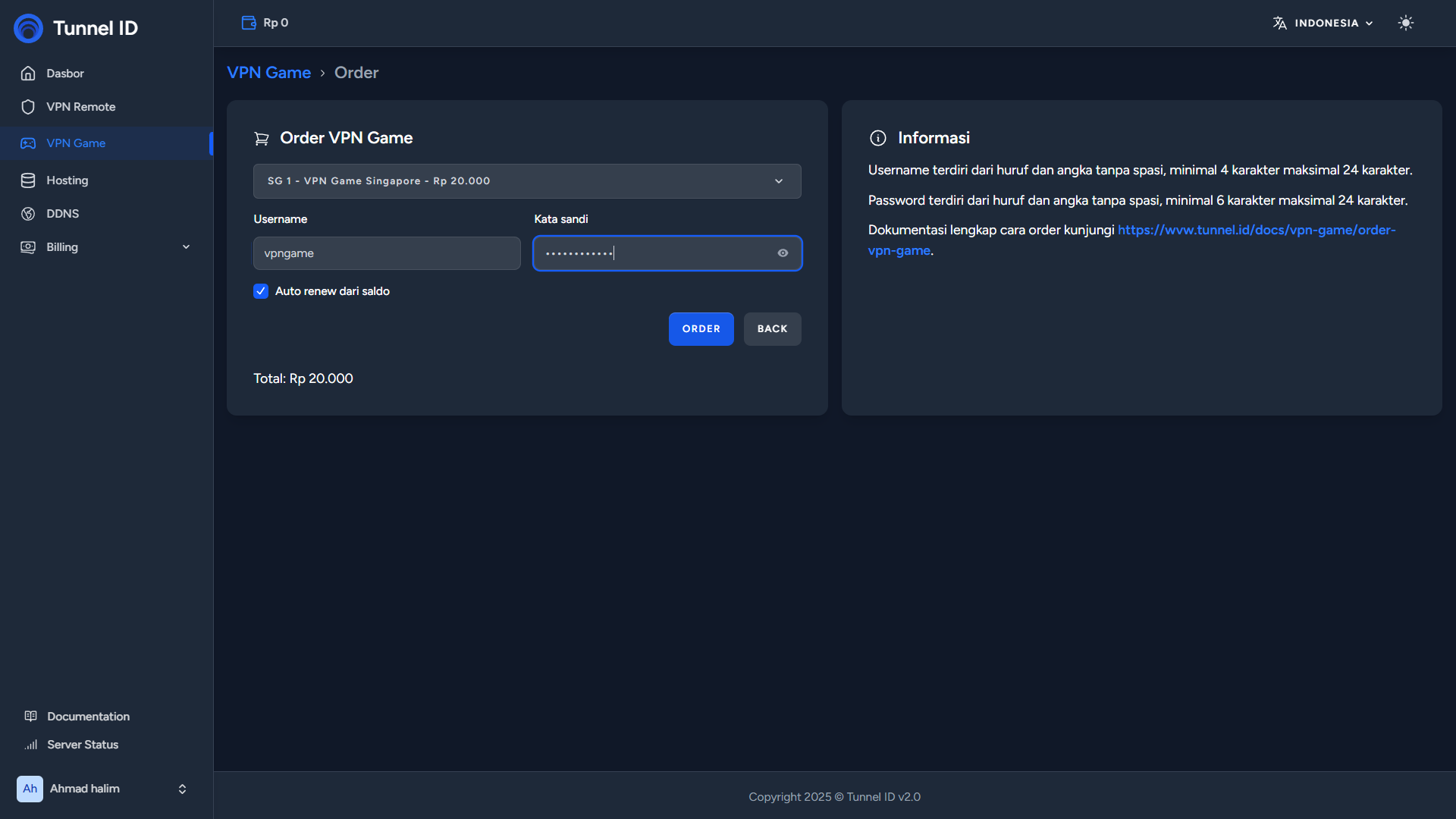 Tunnel ID Order VPN Game 2
