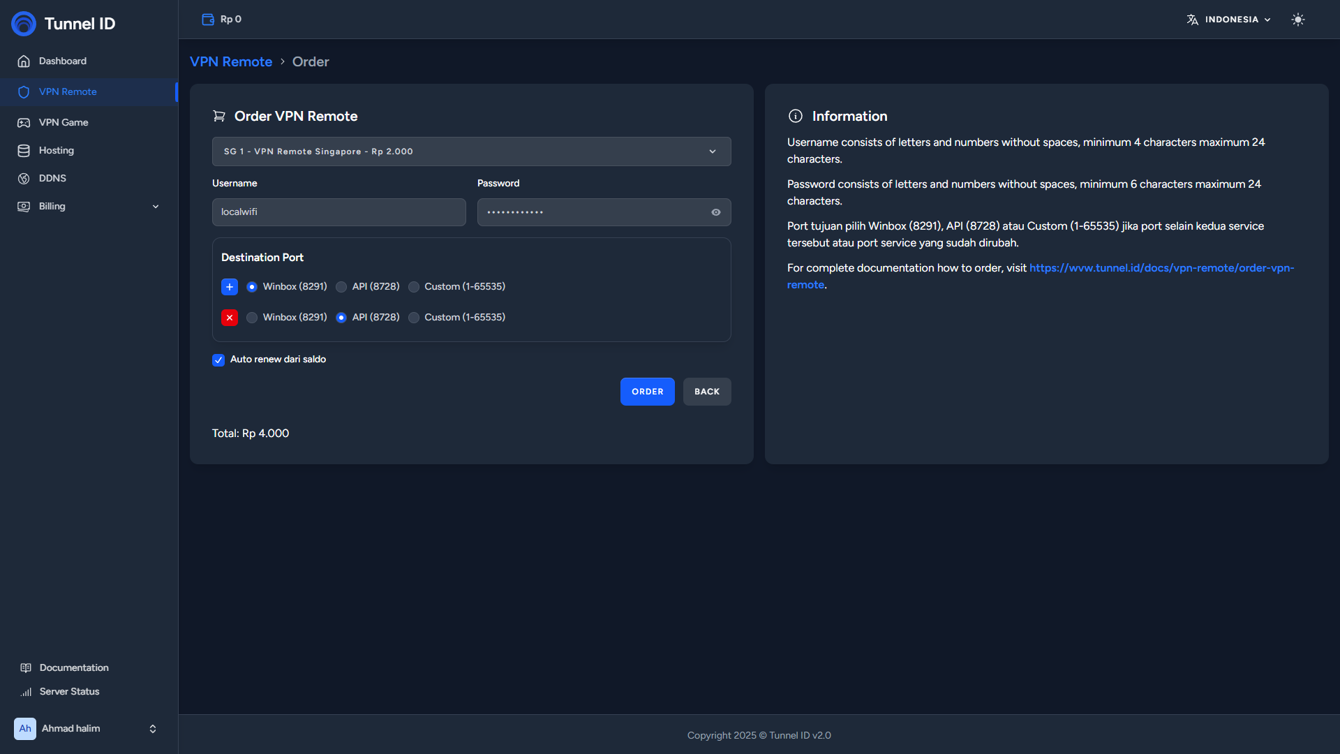Tunnel ID Order VPN Remote
